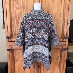 Pilcro Black, Gray & Mauve Patterned Turtleneck Poncho Sweater